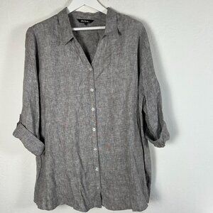 Ulla Popken Womens Gray Linen Button-Up Shirt Tunic Size 16/18 Roll-Tab Sleeves
